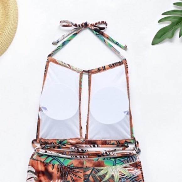 Women's Sexy Halter One Piece Swimsuit Briefs Botanical Tropical Palm Trees - Picture 3 of 7